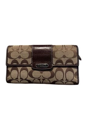 Coach Signature Canvas Checkbook Wallet Brown Pink Long Wallet